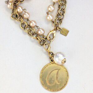 Vtg. JOHN WIND Soroity Gal Dual Strand Round Initial "A" Pendant Charm Bracelet
